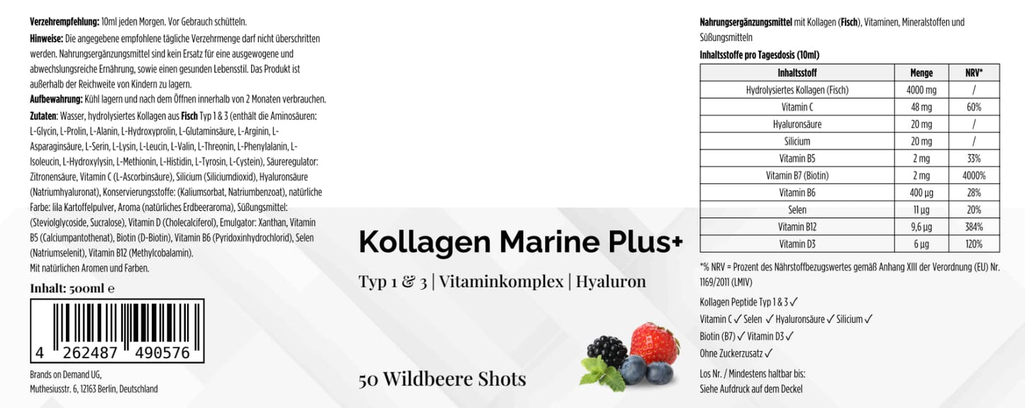 Collagene Marino Plus+ - 50 Shot Frutti di Bosco | Kollagen Marine Plus+ Wildbeere - Deutsche Qualität